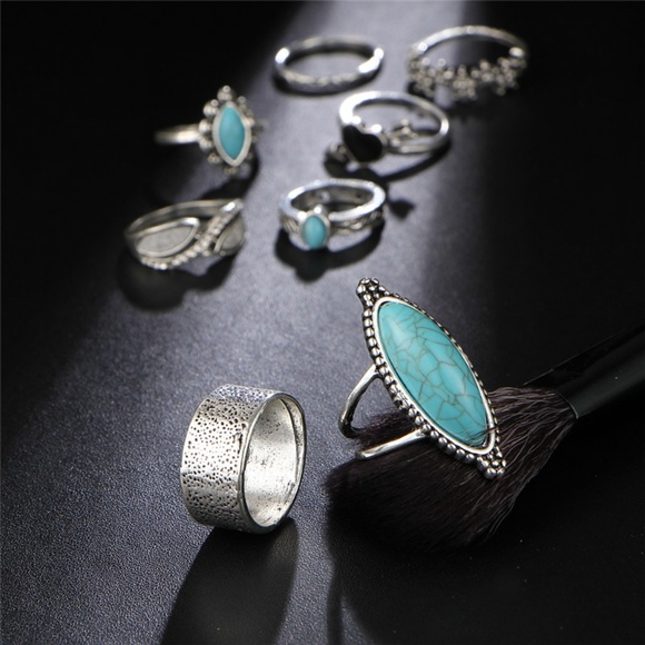 Bella Smyle Jewelry Rs3 8pcs Boho Silver Ring Set Turquoise Stones